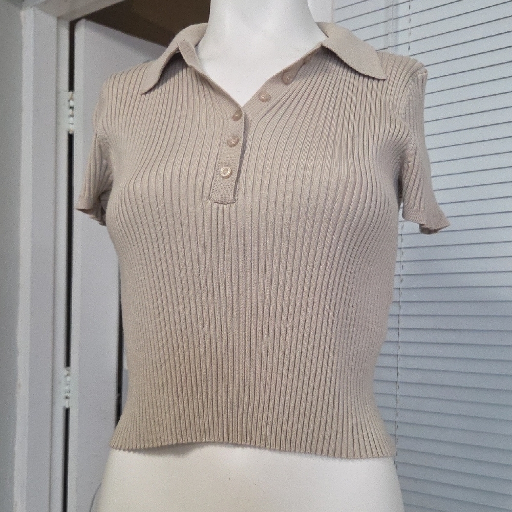 Beige Ribbed Knit Polo Top